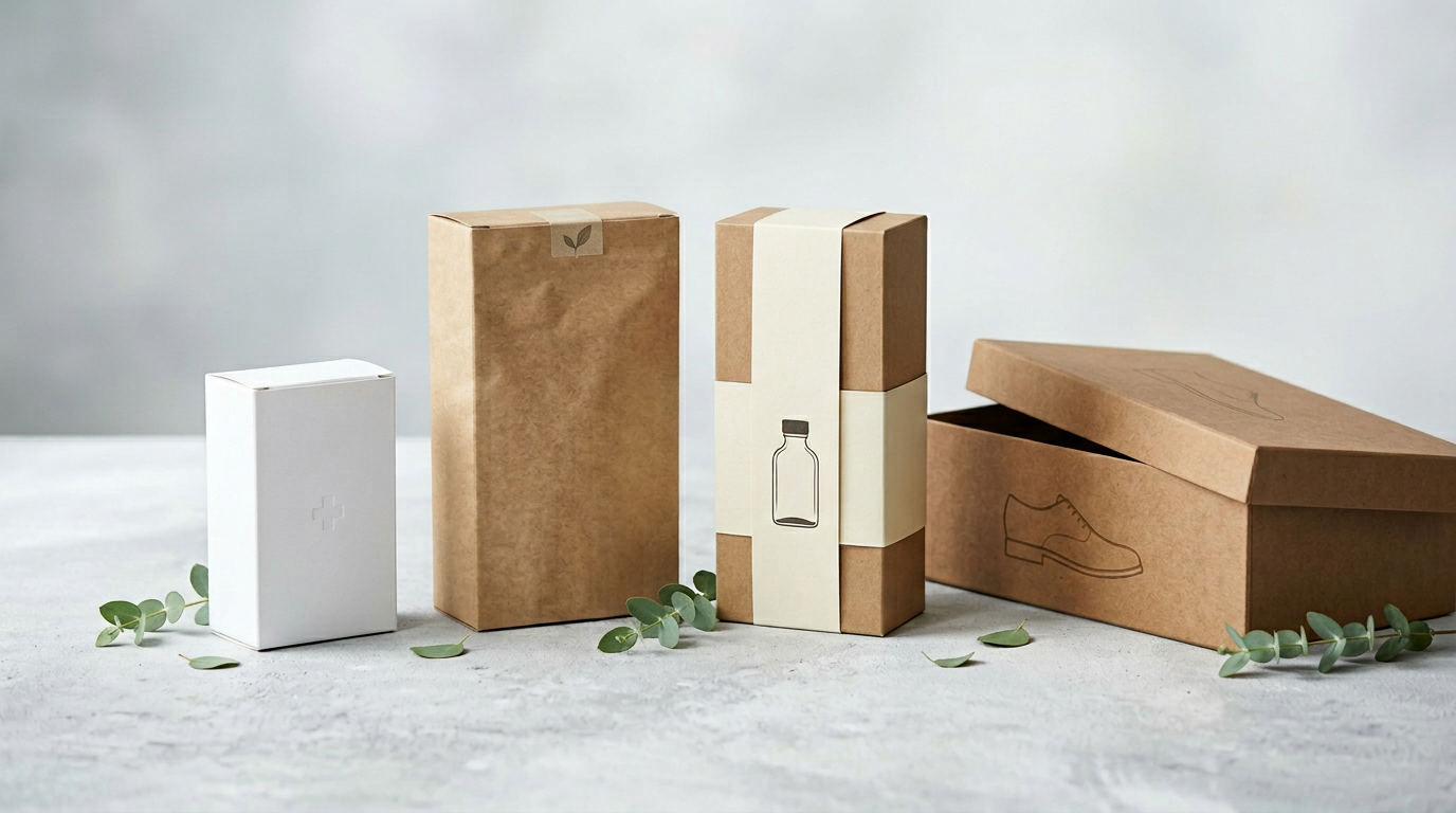 Mockups de embalagens para farmácia, alimentos, perfumaria e calçados — diversos segmentos